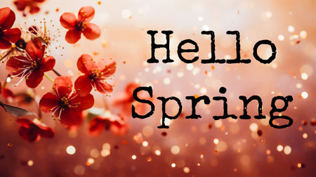 Hello Spring card with blooming red flowers on bokeh backgroundの素材