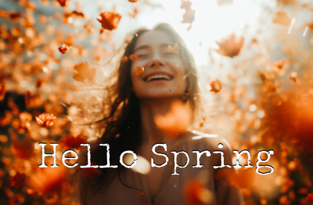 Hello spring. Happy young woman smiling and looking at camera while standing in the spring park.の素材