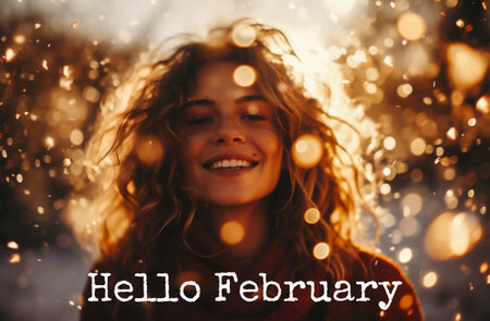 Hello February. Happy young woman with curly hair smiling and looking away while standing outdoorsの素材