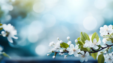 Spring blooming branch with white flowers on blue bokeh backgroundの素材