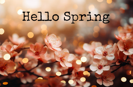 Hello spring card with beautiful blooming branches and bokeh lightsの素材