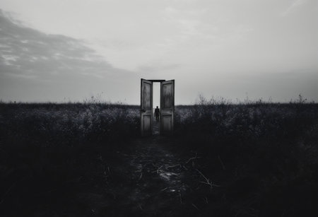 Door in the field. Halloween concept. Black and white.の素材