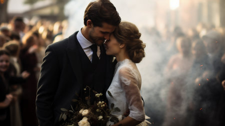 Wedding couple in love kissing on the background of the cityの素材