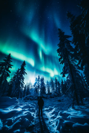 Aurora borealis, Northern lights, Aurora borealis, northern lights in the winter forestの素材