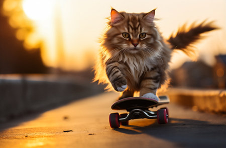 Maine coon cat on skateboard in the sunset. Selective focus.の素材