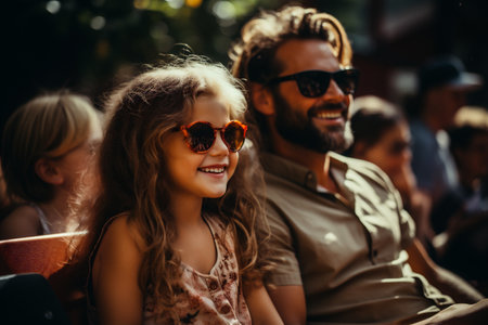 Cute little girl with her father in sunglasses having fun outdoors.の素材