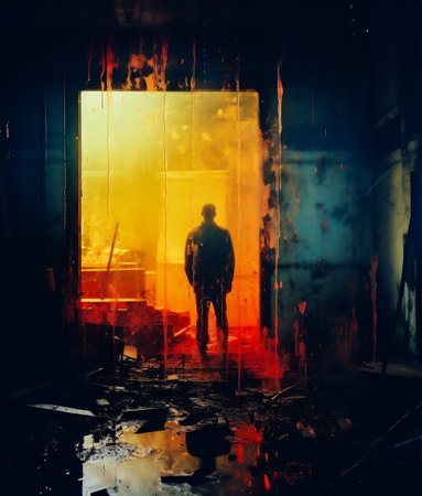 Horror scene with a silhouette of a man in a gas mask.の素材
