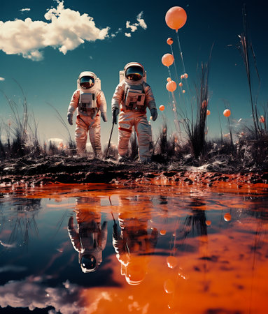 Astronaut in the field with balloons.の素材