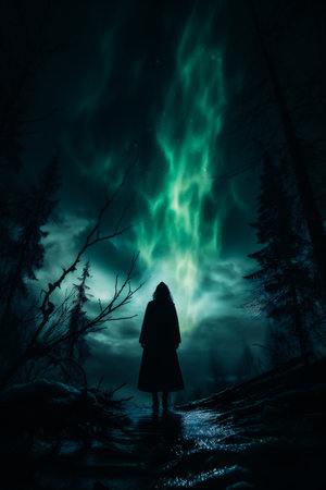 Woman in the forest with aurora borealis in the background.の素材