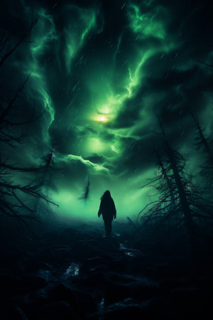 Man in the dark forest at night with lightning. Halloween concept.の素材