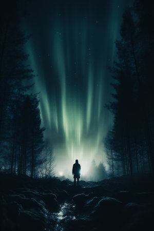 Man in a dark forest with aurora borealis in the backgroundの素材