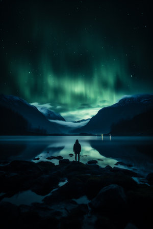 Aurora borealis, northern light over fjord in Norwayの素材