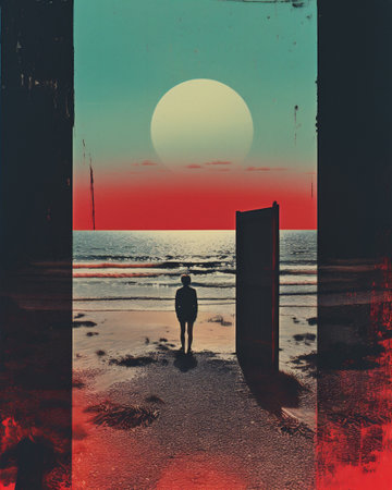 Silhouette of a man standing in front of the door at sunsetの素材