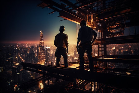 Silhouette of engineer and architect working on construction site at nightの素材
