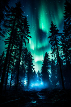 Northern lights in the night forest. Aurora borealis, northern lights.の素材