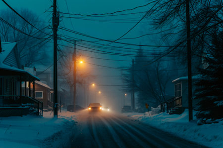 Winter road in the village at night with traffic lights and snow.の素材