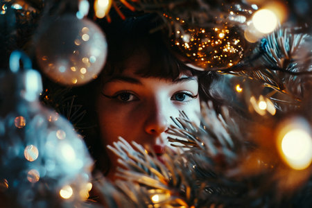 Closeup portrait of a beautiful girl on a background of a Christmas treeの素材