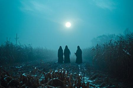Silhouette of three women in the fog in a cornfieldの素材