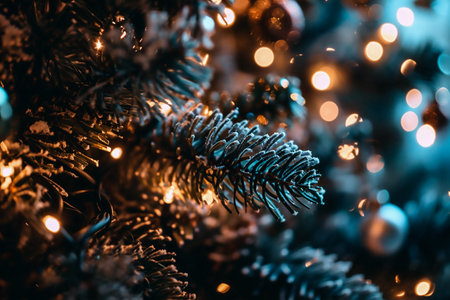 Christmas tree branch with bokeh lights. Christmas and New Year backgroundの素材