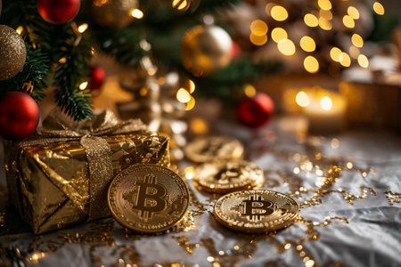 Golden bitcoin coin and gift box on blurred christmas lights background.の素材