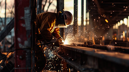 Industrial worker welding steel structure at construction site. Sparks while workingの素材