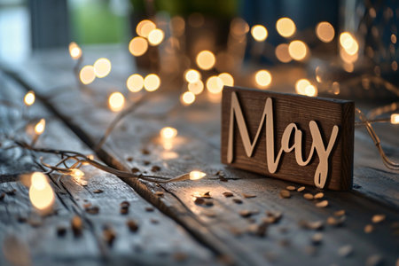 Wooden letters with the word MAY on a wooden background.の素材