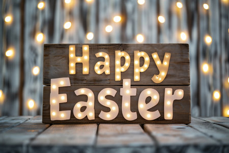 Wooden sign with Happy Easter on bokeh lights background.の素材