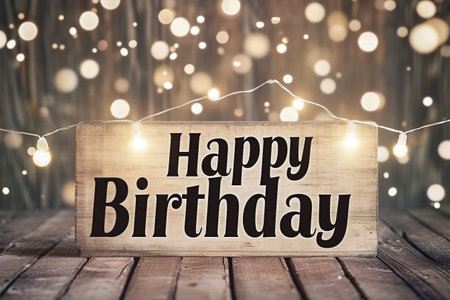 Wooden sign with text Happy Birthday in front of bokeh backgroundの素材