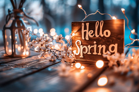 Hello Spring message on wooden background with lights and flowers. Hello spring.の素材