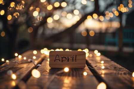 Wooden sign with the word April on a wooden table in the gardenの素材