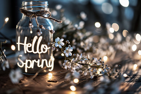 Hello Spring message in a glass jar with white flowers and bokeh lightsの素材