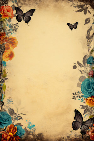 Grunge floral background with roses and butterflies. Vintage style.の素材