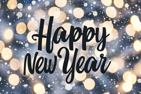 Happy New Year lettering on bokeh background. Vector illustration.の素材