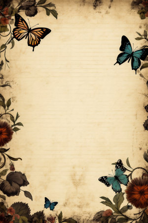 Grunge background with butterflies and flowers. Copy space for text.の素材