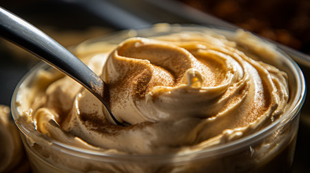 Closeup of a cup of vanilla ice cream with caramel on topの素材