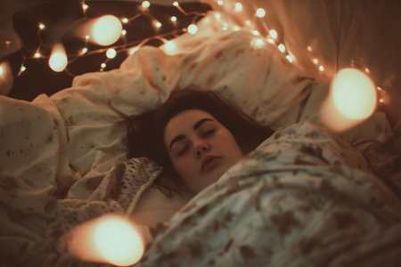 Young beautiful woman sleeping in bed with garlands and lights on backgroundの素材