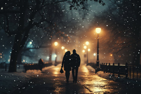 Couple walking on a winter street at night. Love concept.の素材