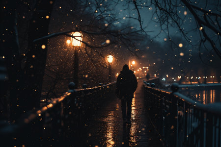A man walking along a bridge in the rain at night with lanternsの素材