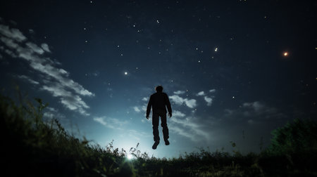 Silhouette of a man on the background of the starry skyの素材
