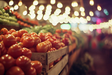 Tomatoes in a wooden box on a market stall, blurred backgroundの素材