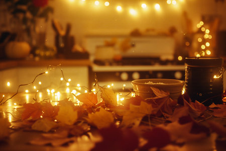 Autumn still life with cup of hot drink, candles and maple leavesの素材
