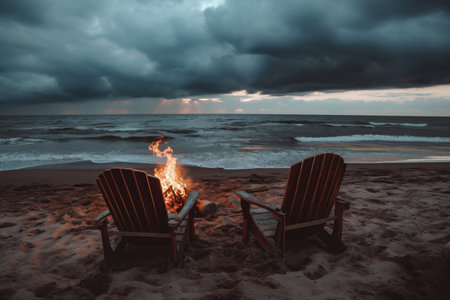 Two deckchairs on the beach in the evening with a burning fireの素材