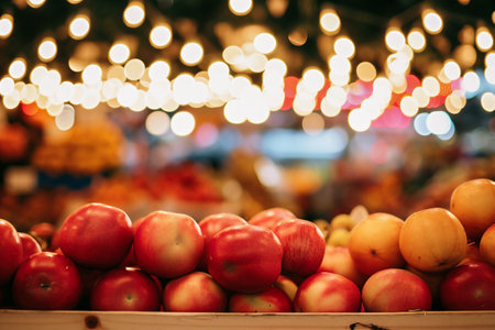 Fruits on the counter of a farmers market. Bokeh backgroundの素材