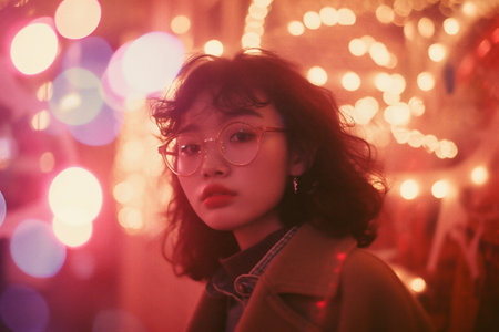 Portrait of beautiful asian woman wearing eyeglasses at nightの素材