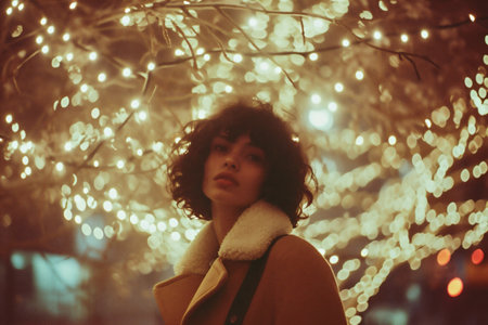 Beautiful young woman with curly black hair in a yellow coat on the background of Christmas tree lightsの素材