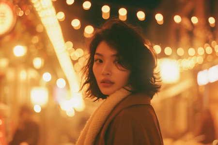Portrait of a beautiful young asian woman in the city at nightの素材