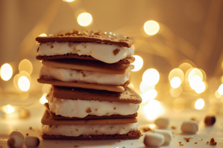 Stack of delicious chocolate cookies and marshmallows on table, closeupの素材