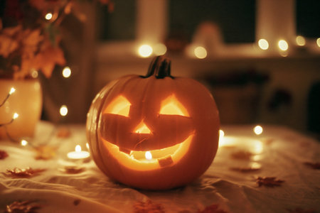 Halloween pumpkin head jack-o-lantern with burning candlesの素材