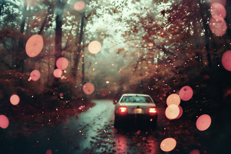 Blurred view of car on the road through the forest during the rainの素材