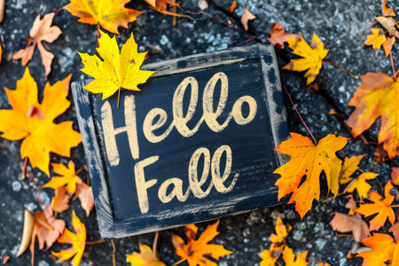 Hello Fall written on a chalkboard with autumn leaves. Autumn backgroundの素材